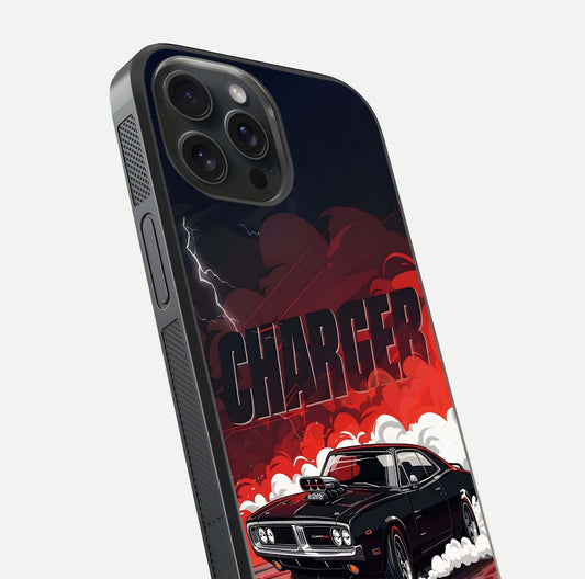 Dark Charger Fury Glass Case for iPhone 15 Pro close-up highlighting car reflection and light gloss