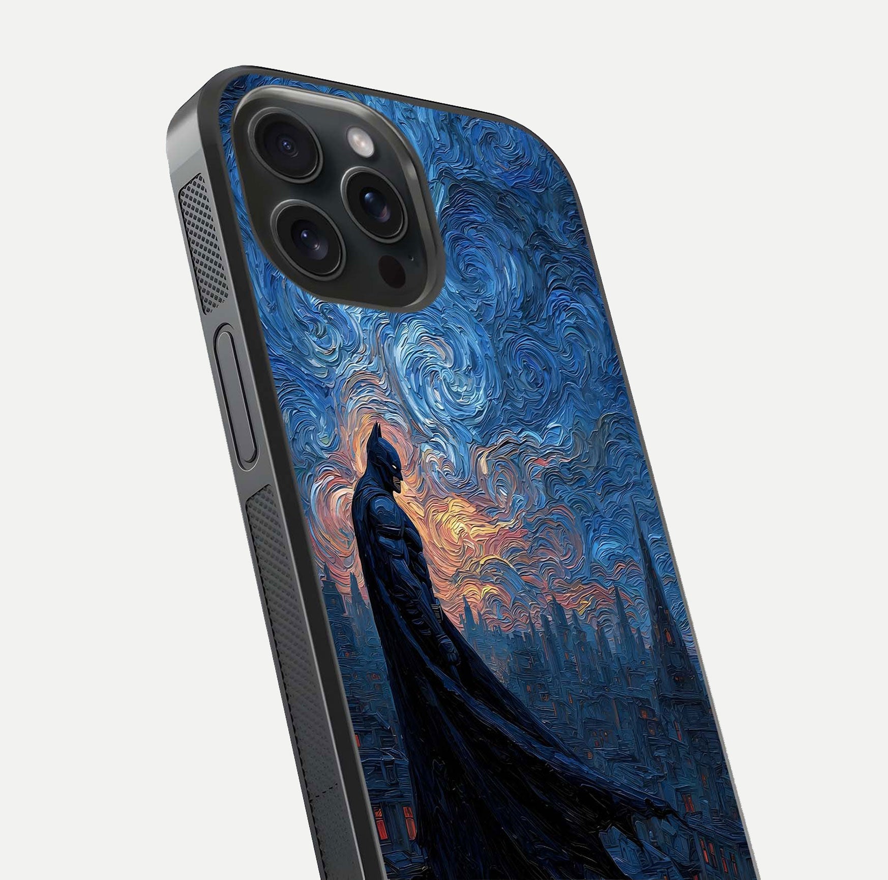 Dark Knight Dusk Glass Case for iPhone 15 Pro close-up highlighting dark suit texture and reflection detail