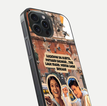Desi Retro Vibes Glass Case for iPhone 15 Pro close-up highlighting retro color palette and reflection glow