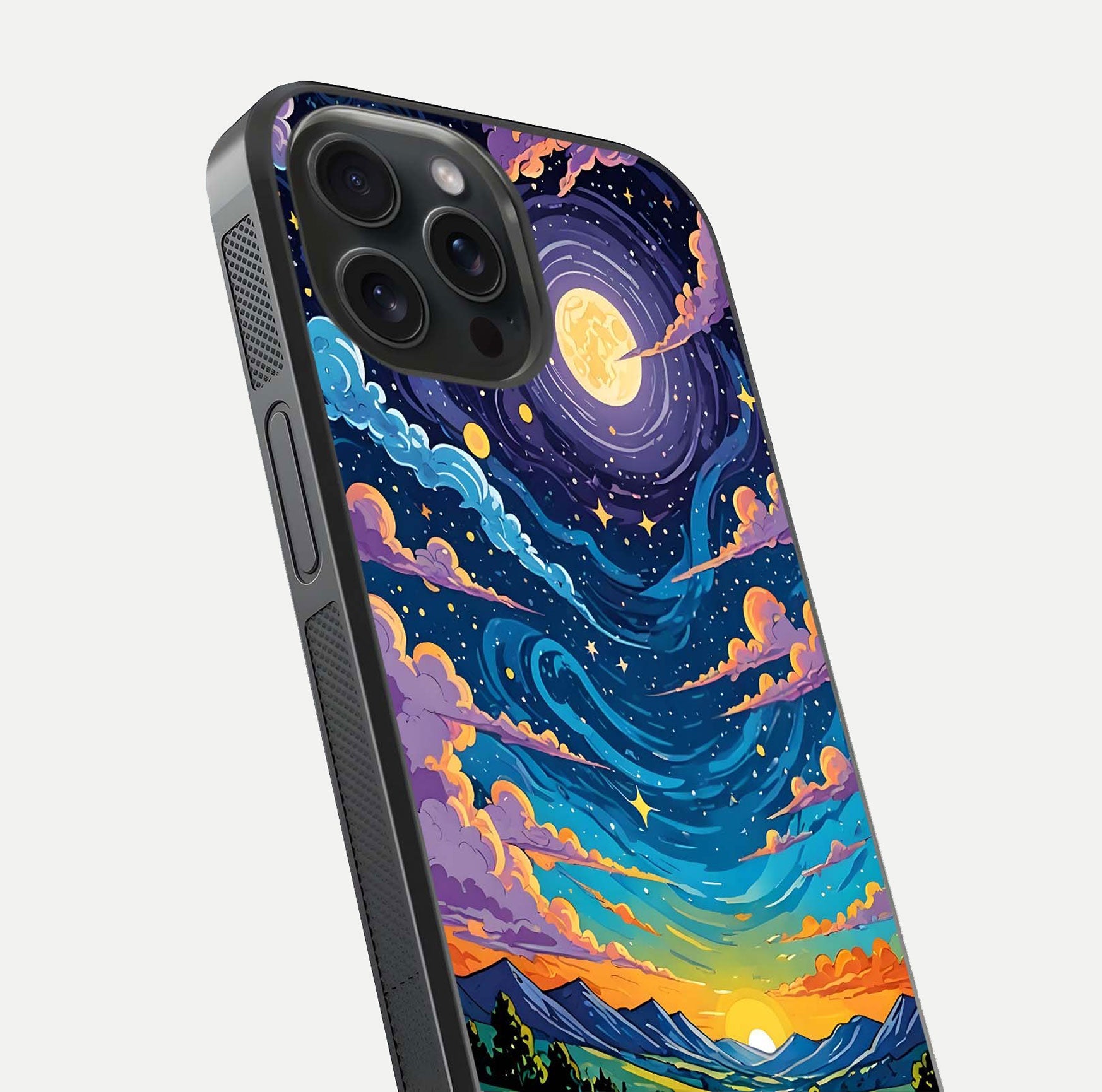 Dreamy Night Landscape Glass Case for iPhone 15 Pro close-up highlighting stars and reflection tone