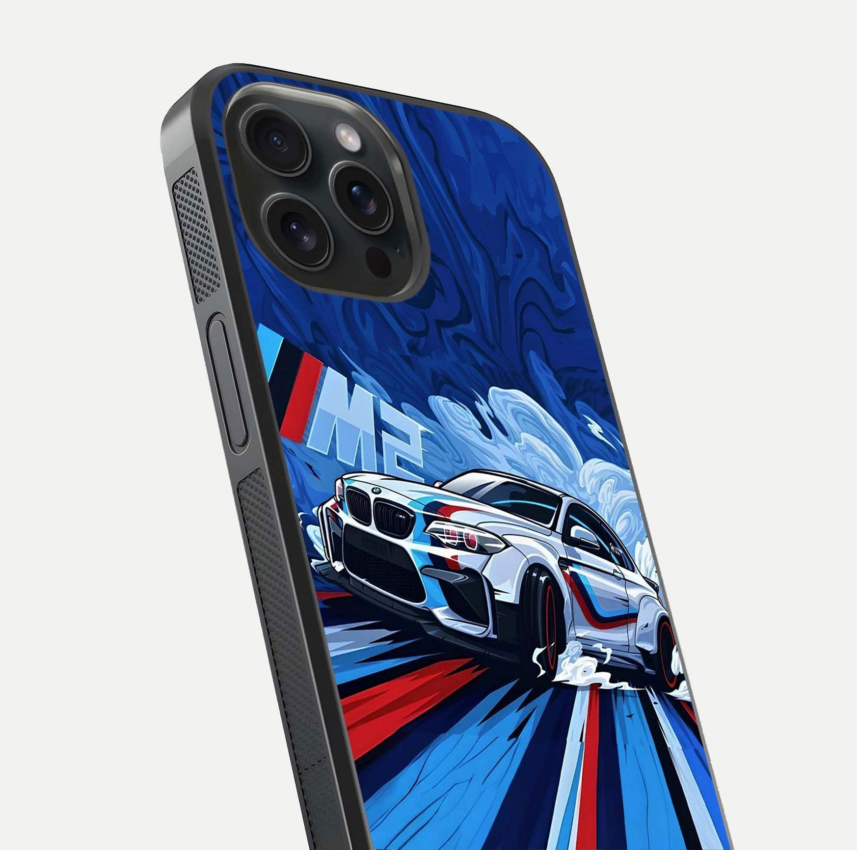 Drift Power Rush Glass Case for iPhone 15 Pro close-up highlighting car reflection and metallic tones