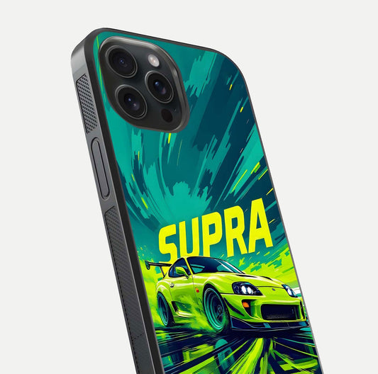 Electric Supra Thunder Glass Case for iPhone 15 Pro close-up highlighting car reflection, neon tones, and gloss polish