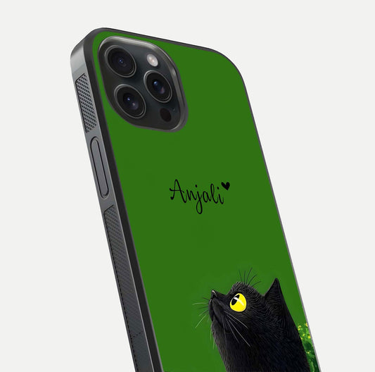 Emerald Cat Custom Name Glass Case for iPhone 15 Pro close-up highlighting feline detail, emerald hues, and reflection polish