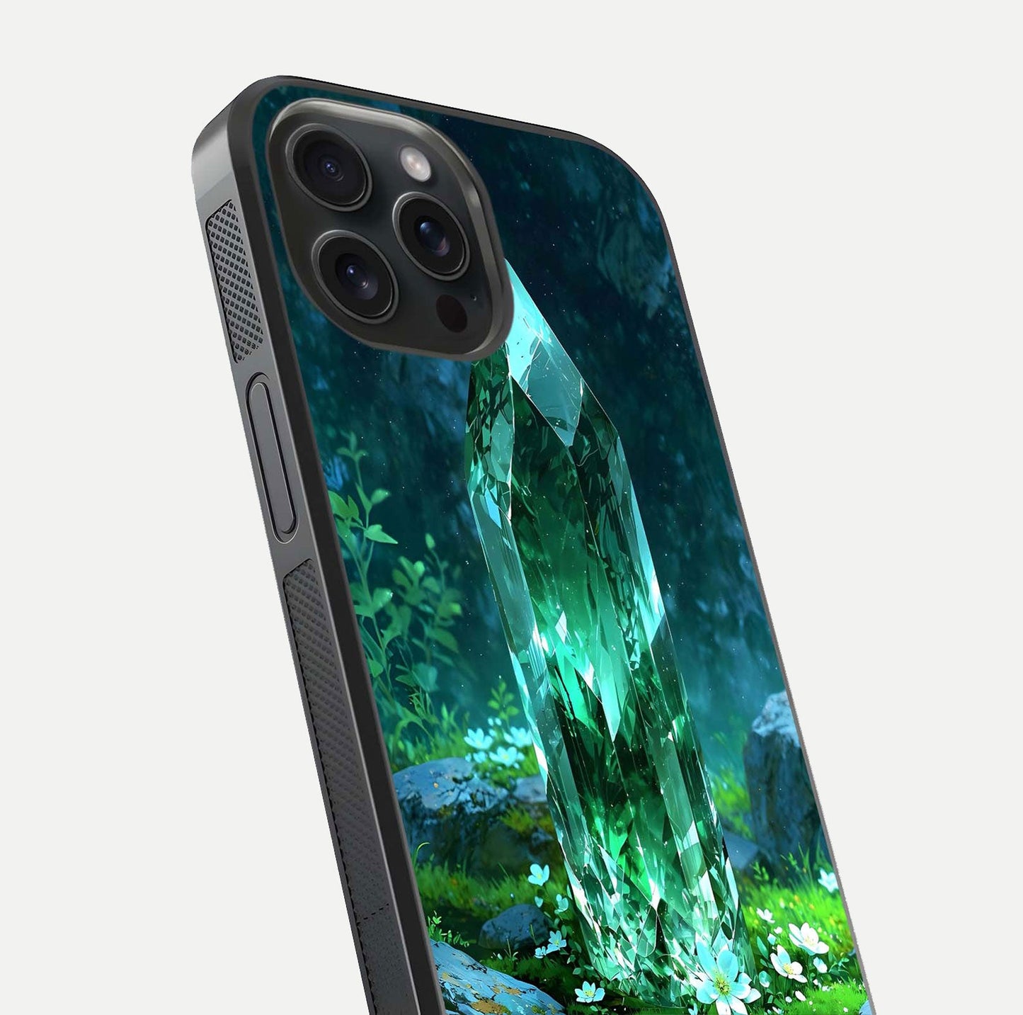 Emerald Light Crystal Glass Case for iPhone 15 Pro close-up highlighting crystal texture and reflection glow