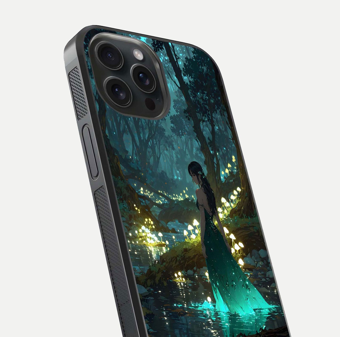 Enchanted Forest Glow Glass Case for iPhone 15 Pro close-up highlighting trees, lights, and reflection texture
