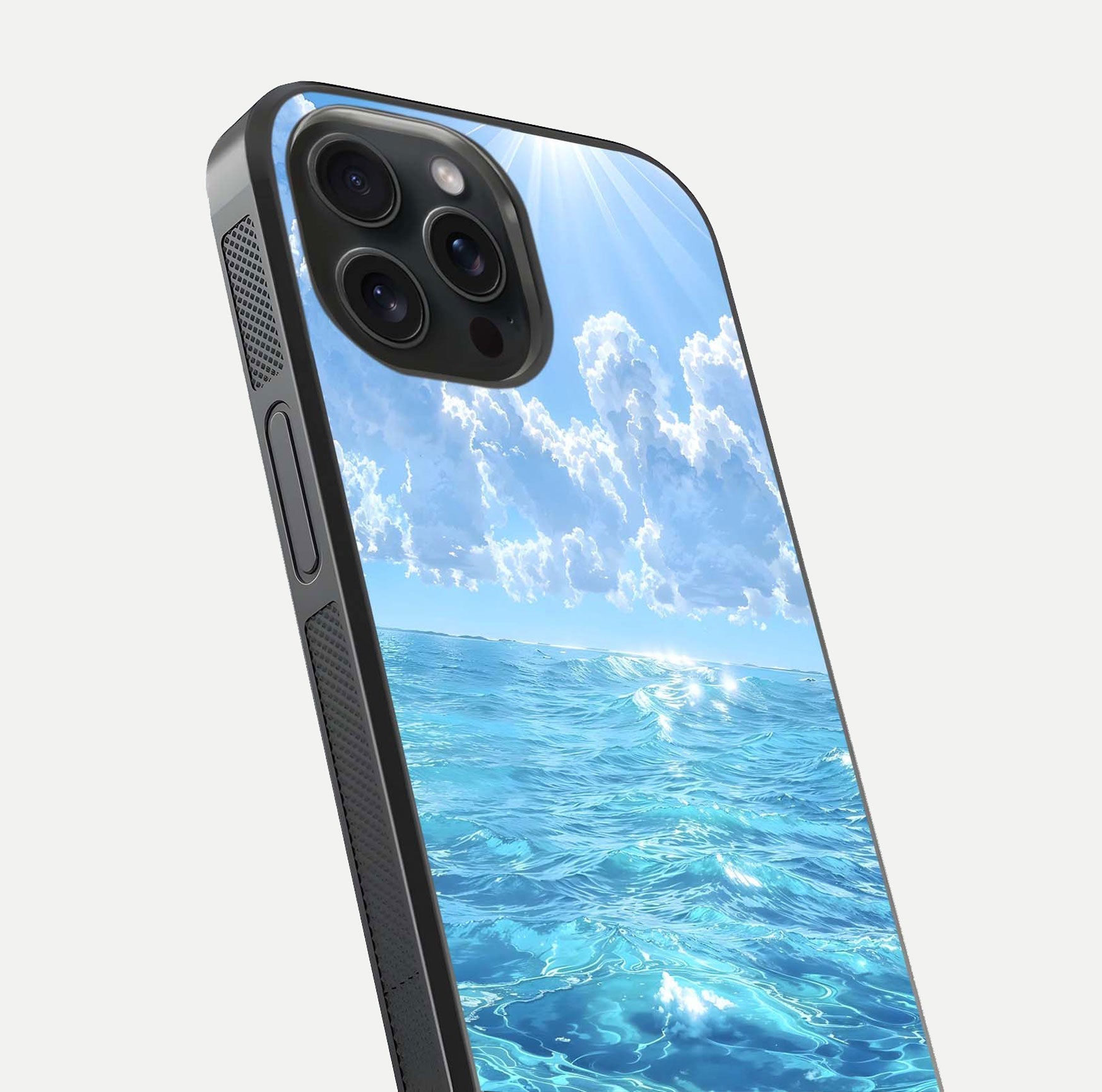 Endless Ocean Horizon Glass Case for iPhone 15 Pro close-up highlighting water texture and reflection shine