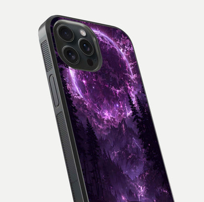 Eternal Cosmic Drive Glass Case for iPhone 15 Pro close-up highlighting cosmic lights and reflection depth