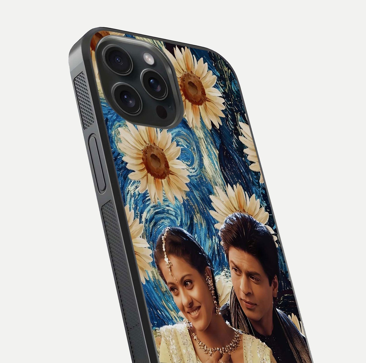 Eternal Love Story Glass Case for iPhone 15 Pro close-up highlighting couple detail and light reflection