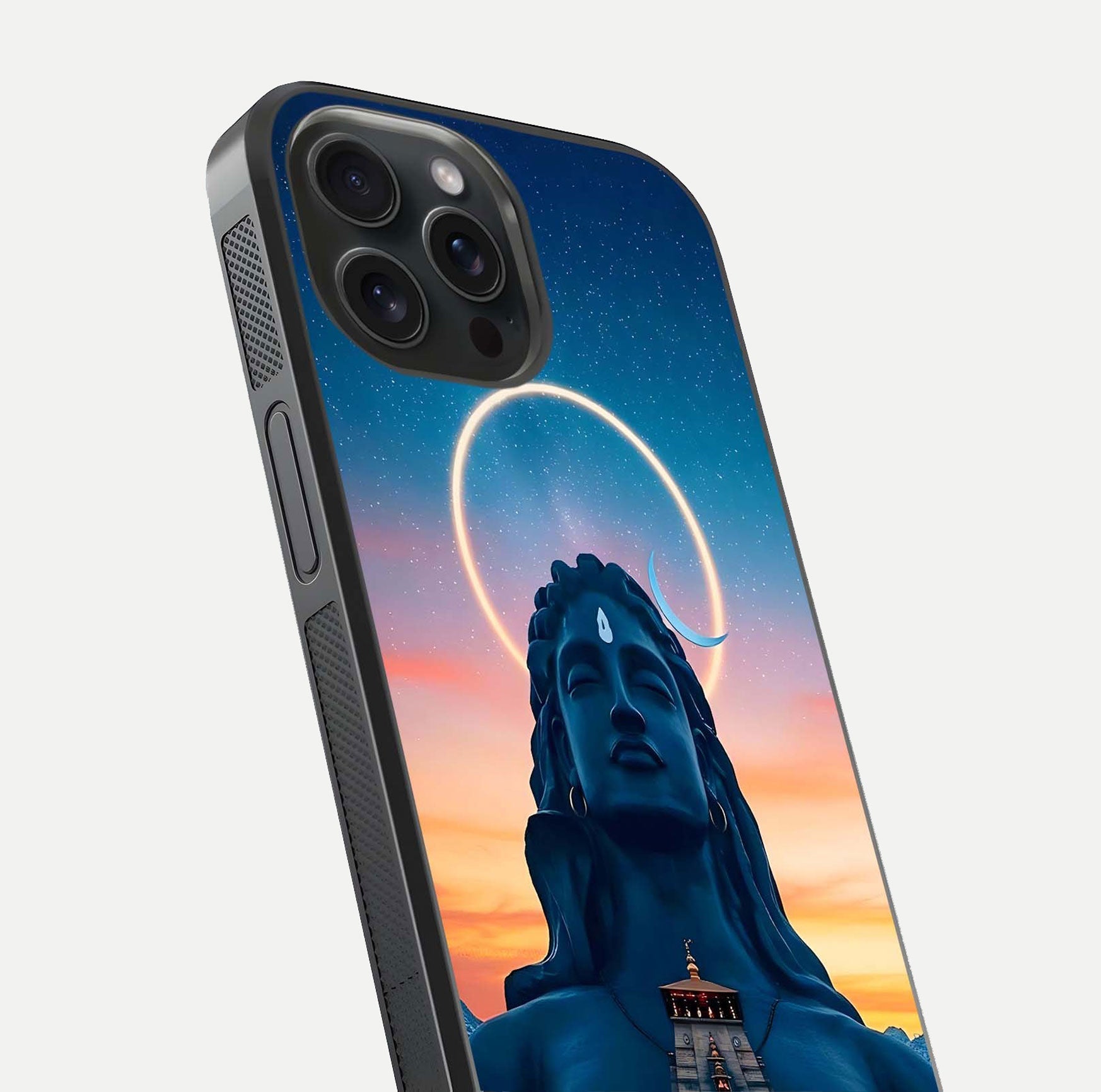 Eternal Shiva Aura Glass Case for iPhone 15 Pro close-up highlighting divine detailing and reflection light