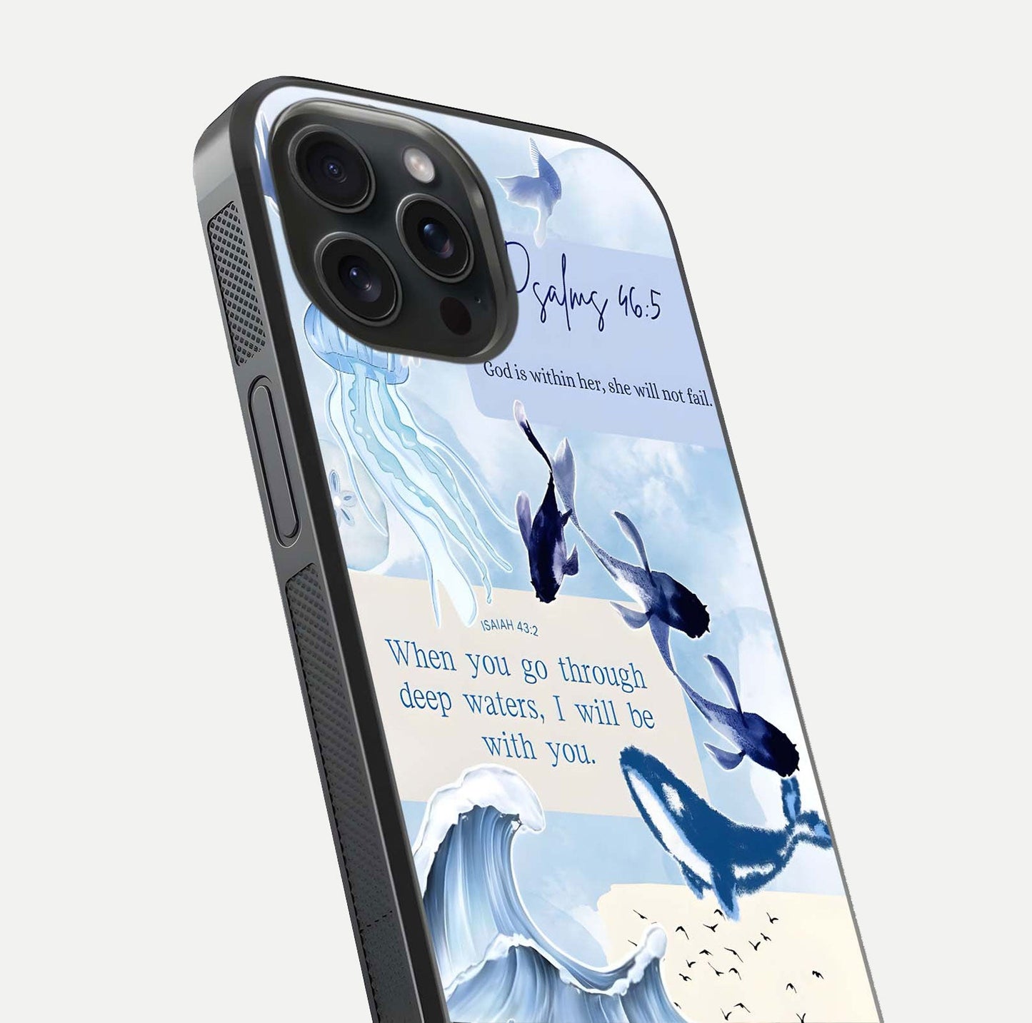 Faithful Ocean Promise Glass Case for iPhone 15 Pro close-up highlighting water reflection and serene blue tones