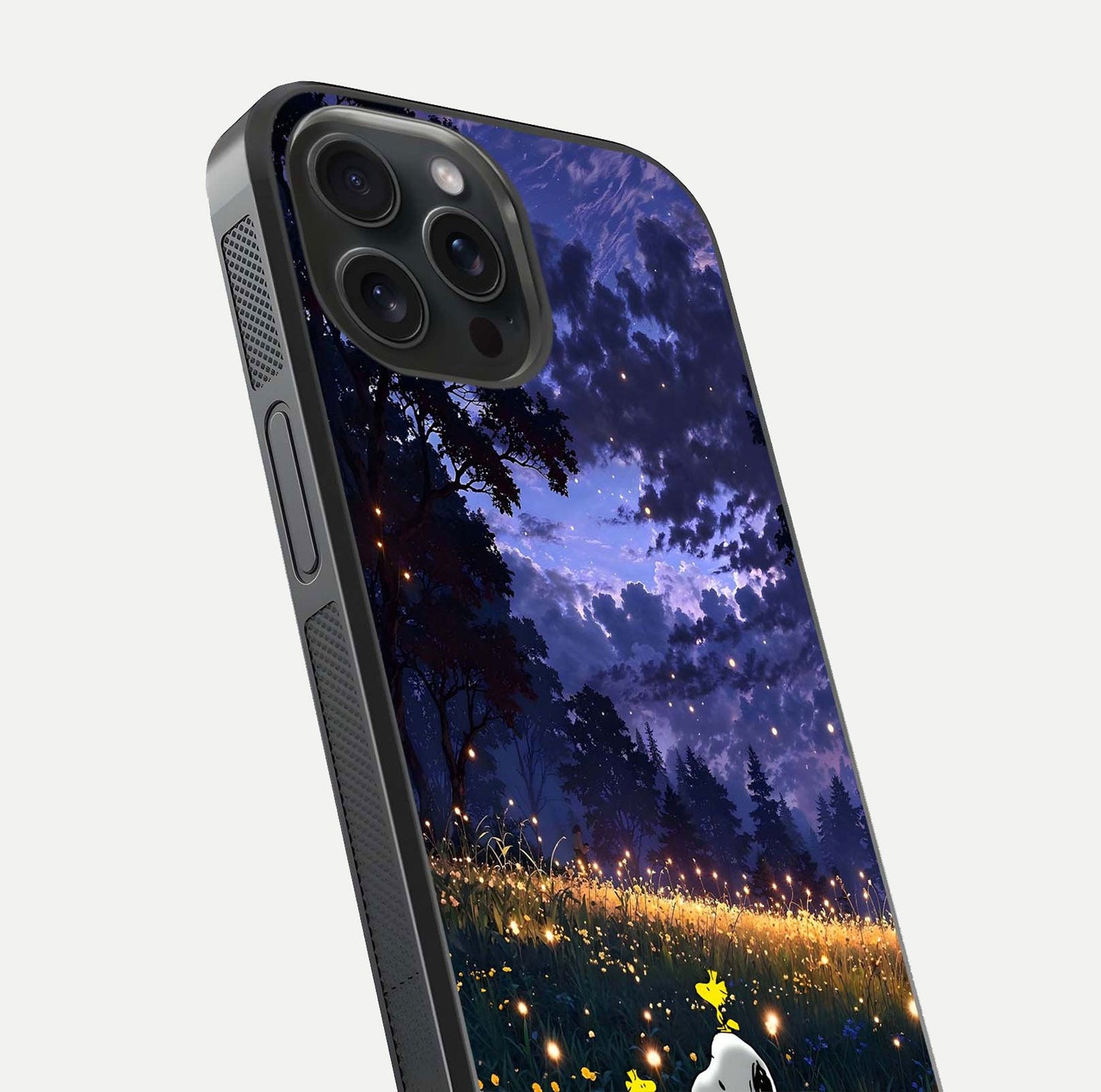 Firefly Meadow Magic Glass Case for iPhone 15 Pro close-up highlighting luminous firefly light and reflection detail