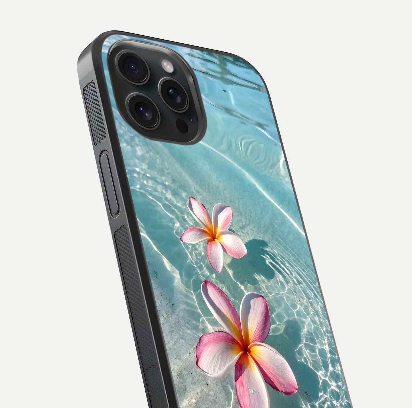 Floating Bloom Bliss Glass Case for iPhone 15 Pro close-up highlighting petal detail and reflection tone