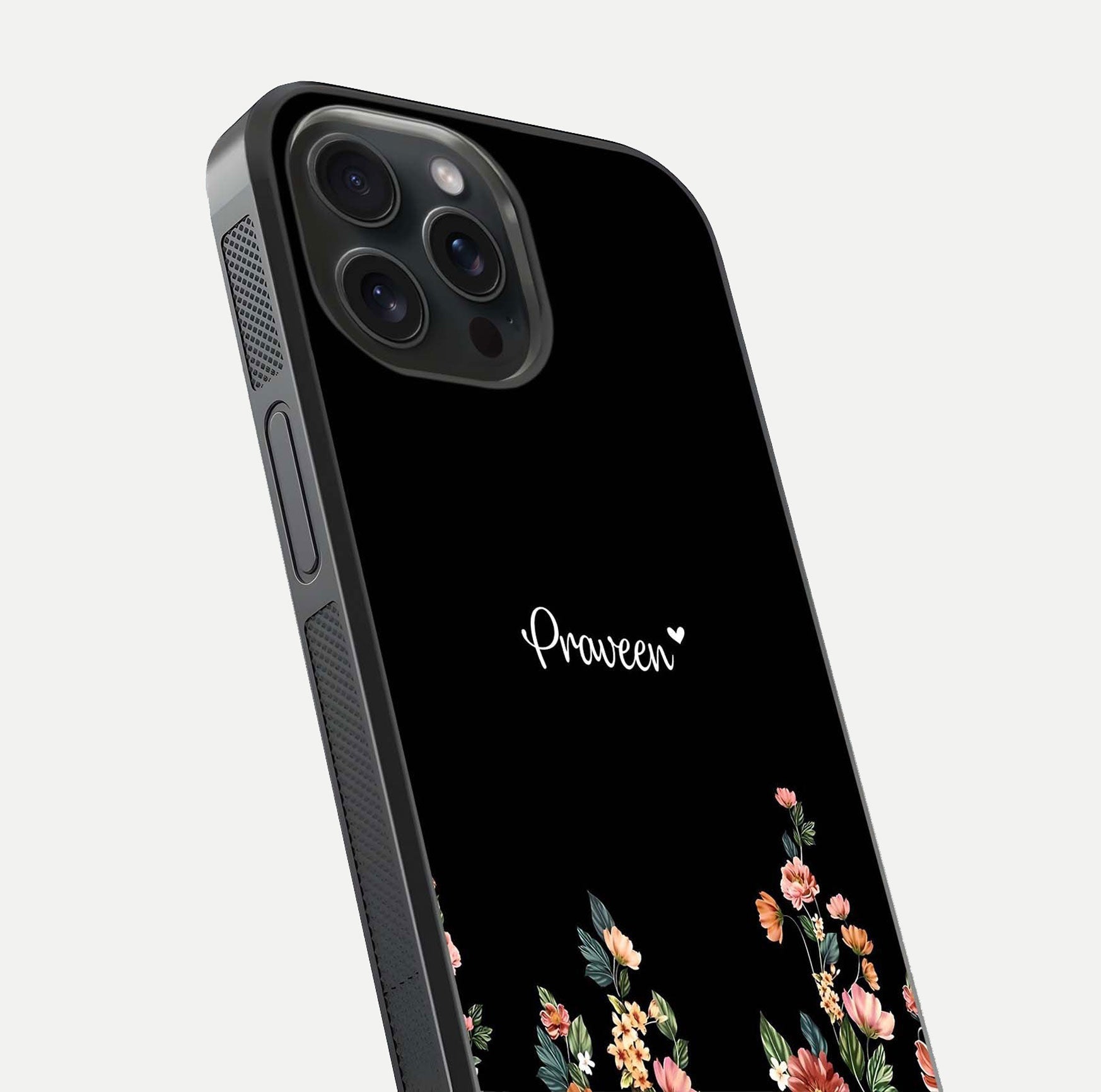 Floral Design Personalized Custom Name Glass Case for iPhone 15 Pro close-up highlighting name clarity, petals, and gloss