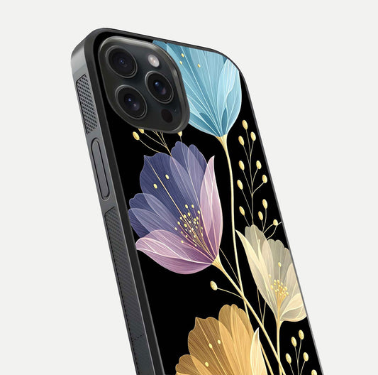 Flower Bloom Glow Glass Case for iPhone 15 Pro close-up highlighting bloom detail and reflection polish