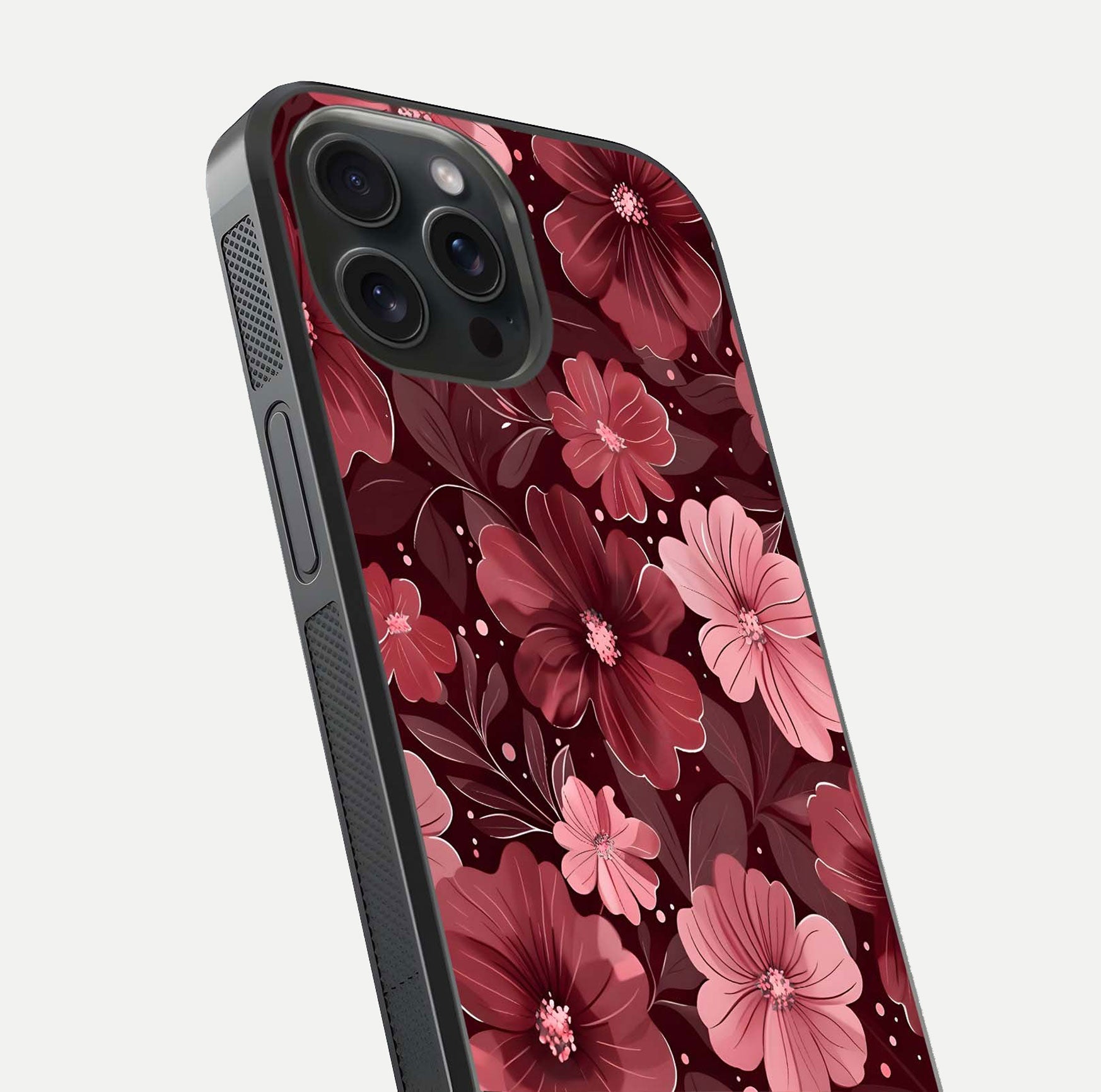 Flower Blush Bloom Glass Case for iPhone 15 Pro close-up highlighting pastel tones and reflection clarity