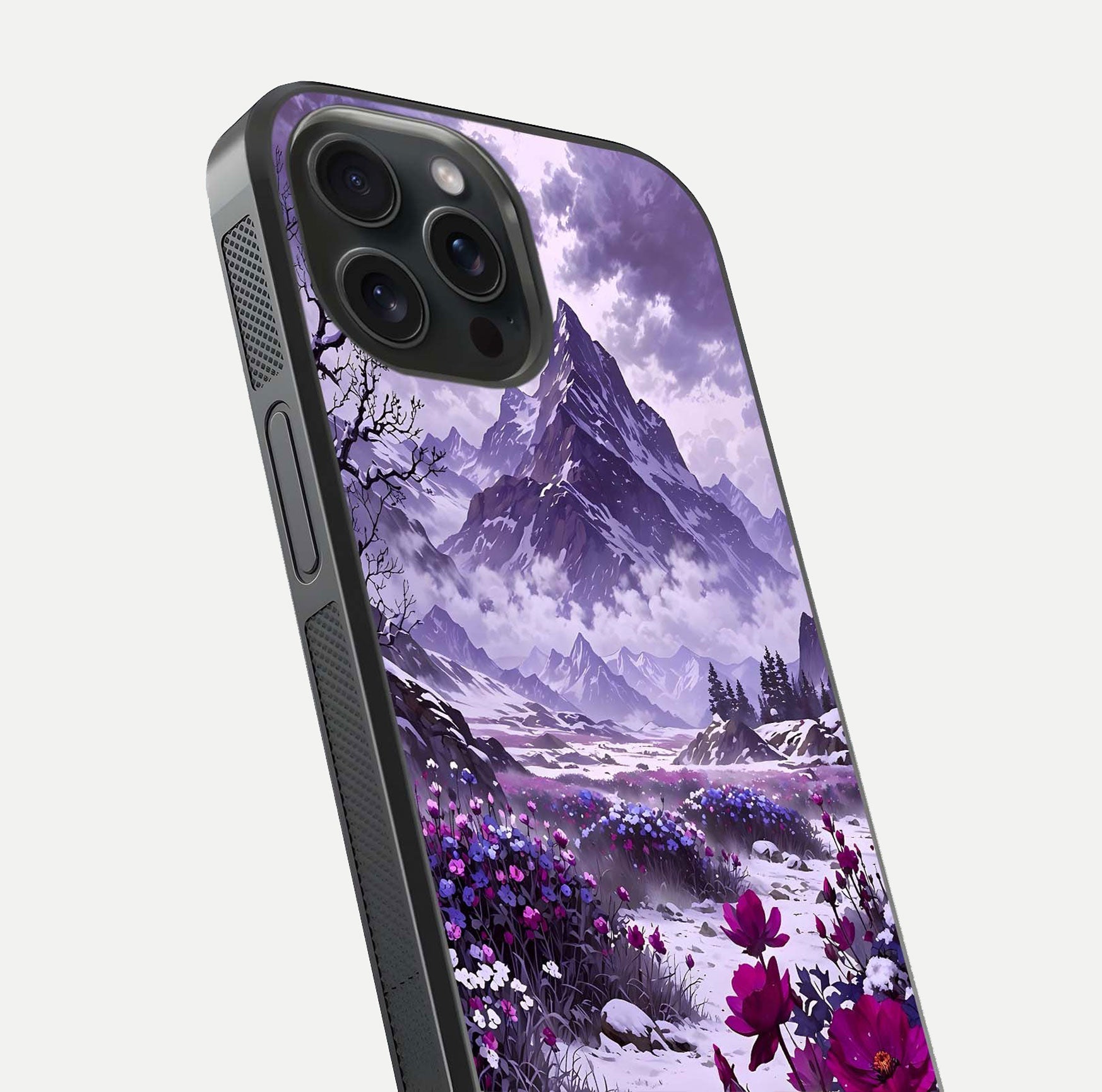 Flower Mountain View Glass Case for iPhone 15 Pro close-up highlighting petal details and sky reflection