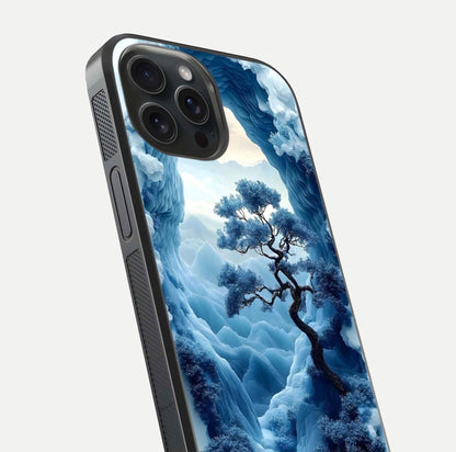 Frozen Serenity Gate Glass Case for iPhone 15 Pro close-up highlighting frosted texture and reflection tone