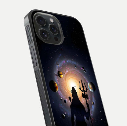 Galactic Shiva Vision Glass Case for iPhone 15 Pro close-up angled shot highlighting divine aura, trident details, and reflection shine