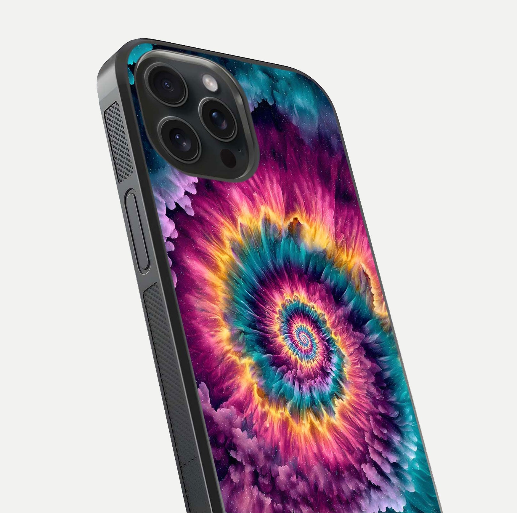 Galactic Spiral Burst Glass Case for iPhone 15 Pro close-up angled shot showing spiral burst detail, neon tones, and glossy reflection