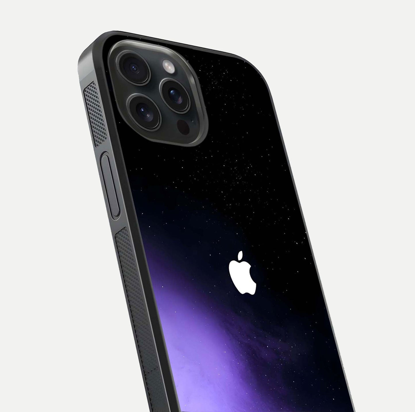 Galaxy Apple Aura Glass Case for iPhone 15 Pro close-up angled shot showing aura lighting and reflection polish