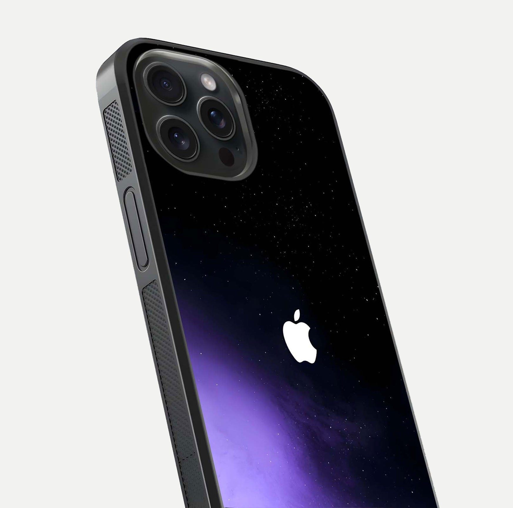 Galaxy Apple Aura Glass Case for iPhone 15 Pro close-up angled shot showing aura lighting and reflection polish