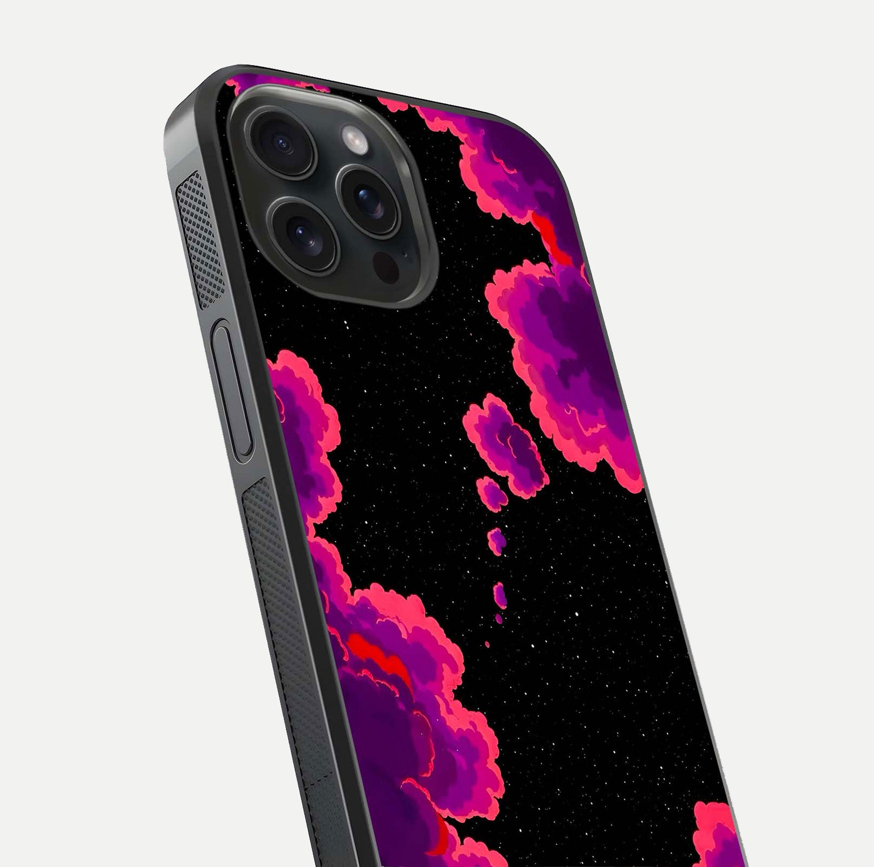 Galaxy Dream Frame Glass Case for iPhone 15 Pro close-up angled shot showing nebula patterns and reflection glow