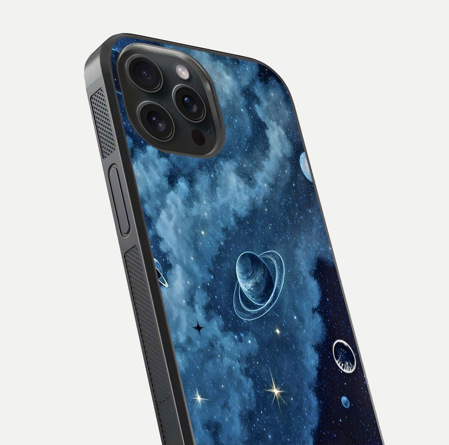 Galaxy Dream Space Glass Case for iPhone 15 Pro close-up angled shot highlighting nebula details and reflection shine