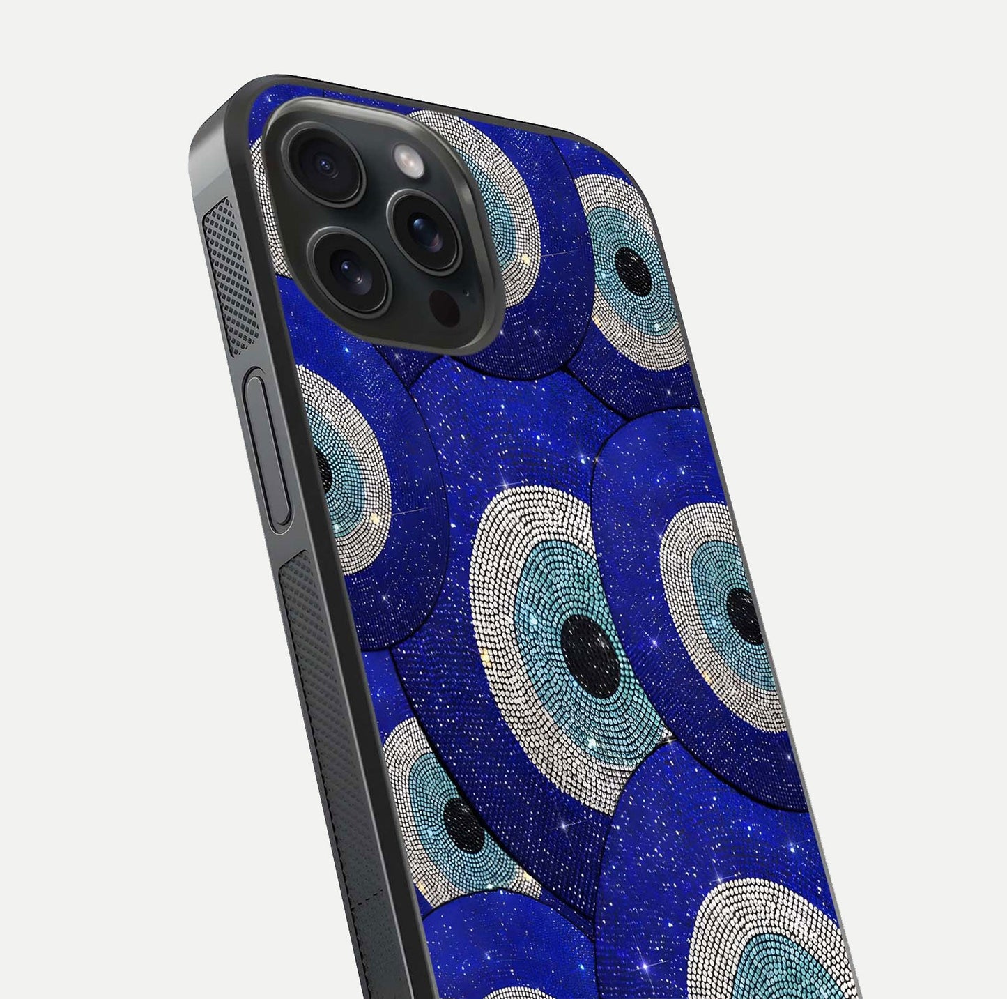 Galaxy Eye Flow Glass Case for iPhone 15 Pro close-up angled shot showing vivid swirl detail and reflection brightness