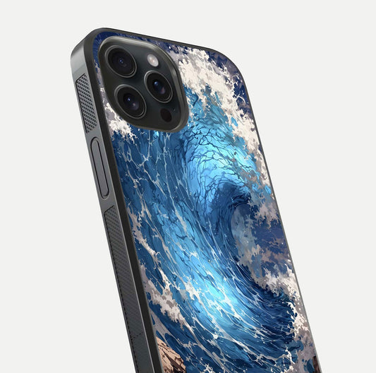 Giant Ocean Wave Glass Case for iPhone 15 Pro close-up angled shot showing wave texture and water reflection shine