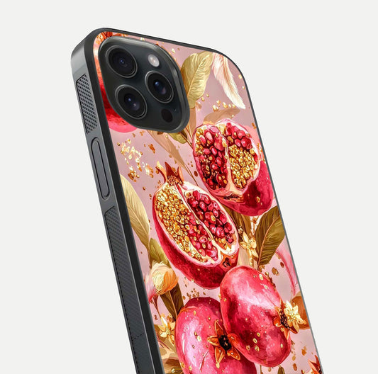 Golden Bloom Glow Glass Case for iPhone 15 Pro close-up angled shot showing metallic tones and reflection brilliance