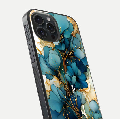 Golden Bloom Symphony Glass Case for iPhone 15 Pro close-up angled shot showing detailed petals and metallic gold reflection