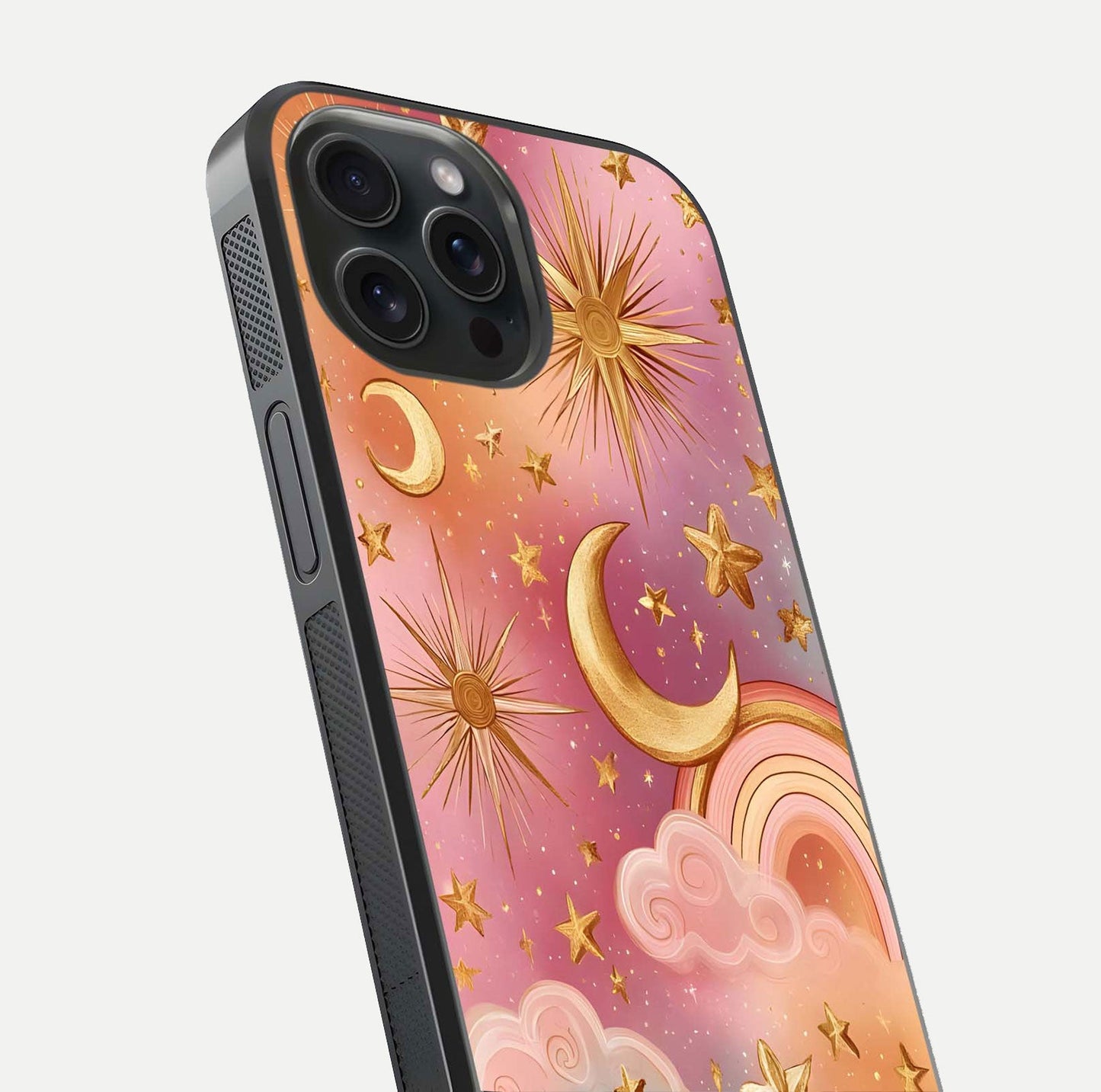 Golden Celestial Dreams Glass Case for iPhone 15 Pro close-up angled shot showing cosmic gold tones and reflection shine