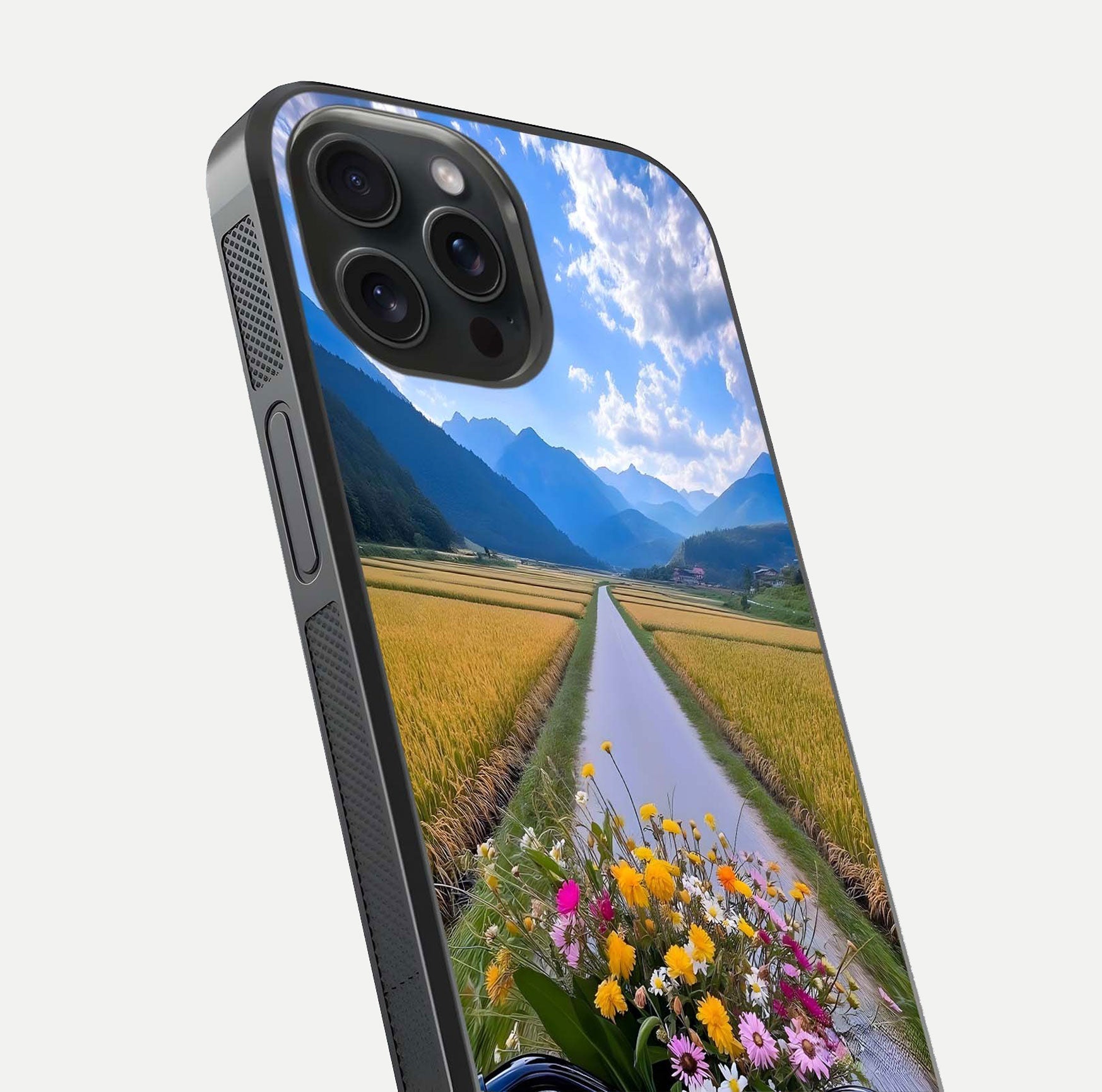 Golden Field Journey Glass Case for iPhone 15 Pro close-up angled shot showing sunlight tones and reflection clarity