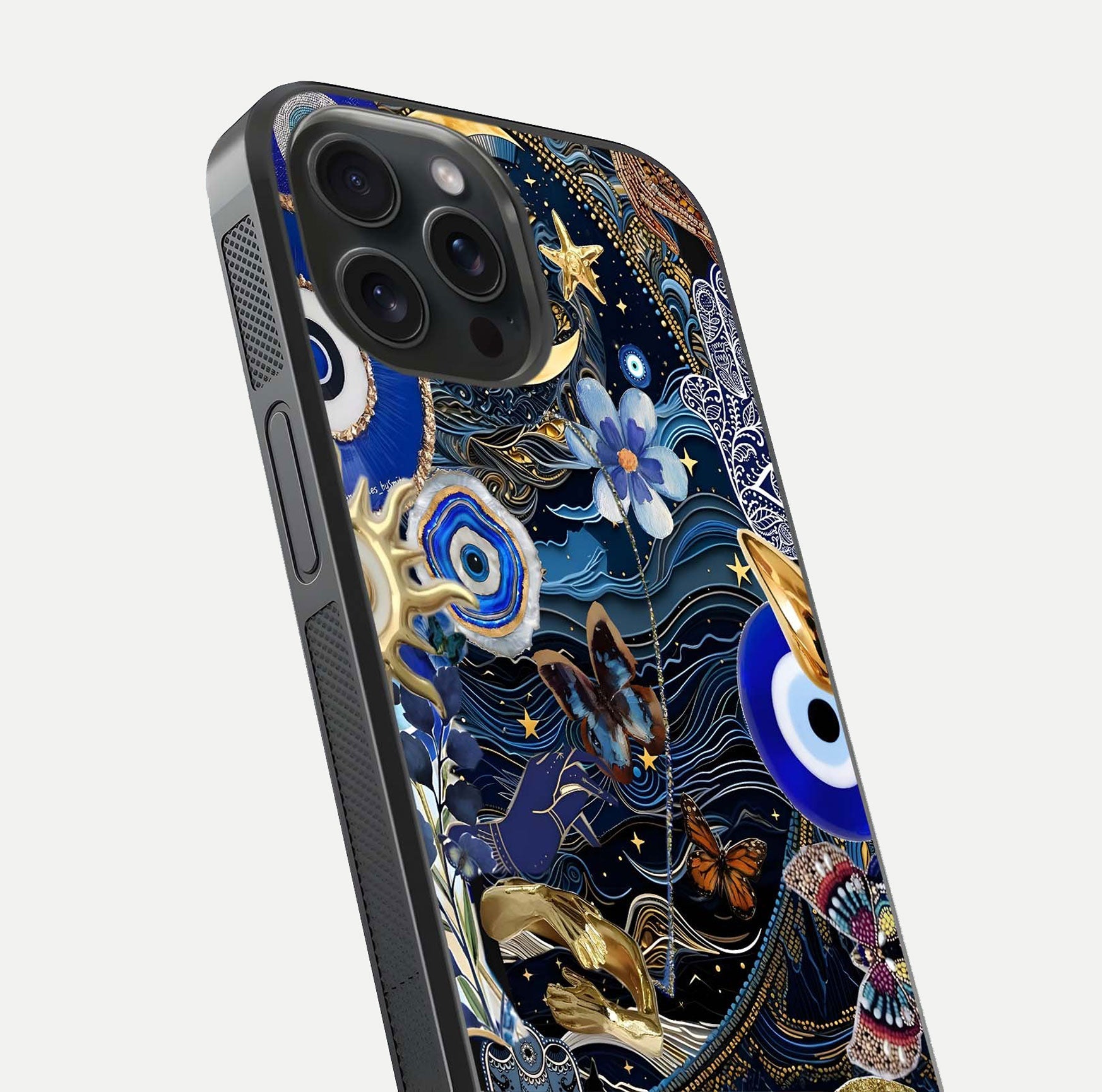 Golden Moon Magic Glass Case for iPhone 15 Pro close-up angled shot showing lunar glow, star detail, and reflection brightness
