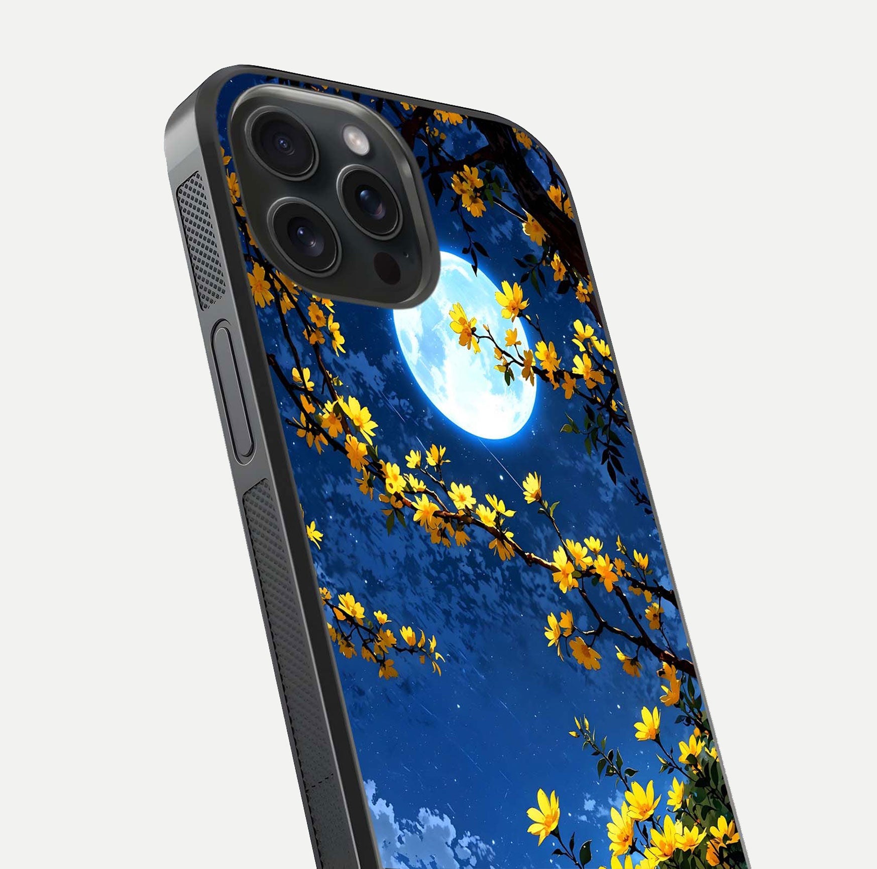 Golden Night Glow Glass Case for iPhone 15 Pro close-up angled shot showing shimmer texture and light reflection