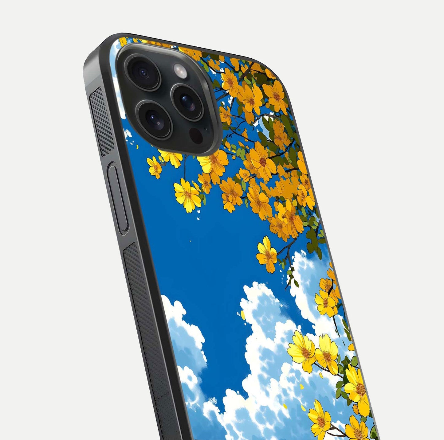 Golden Petal Sky Glass Case for iPhone 15 Pro close-up angled shot showing petal texture and shine reflection