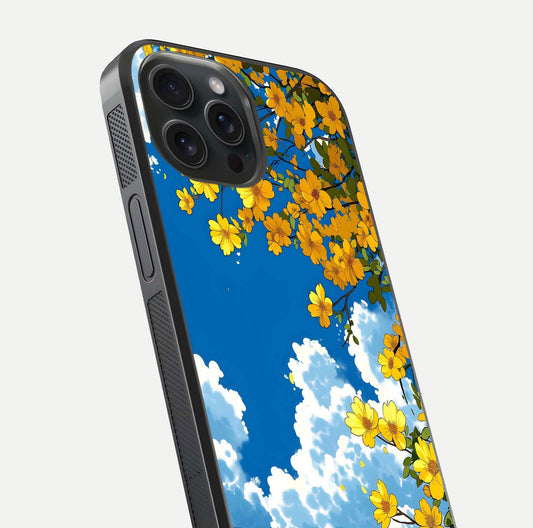 Golden Petal Sky Glass Case for iPhone 15 Pro close-up angled shot showing petal texture and shine reflection