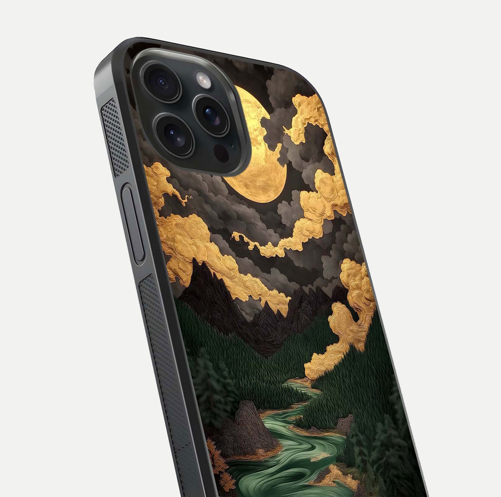 Golden River Moon Glass Case for iPhone 15 Pro close-up angled shot showing moon reflection and water shine
