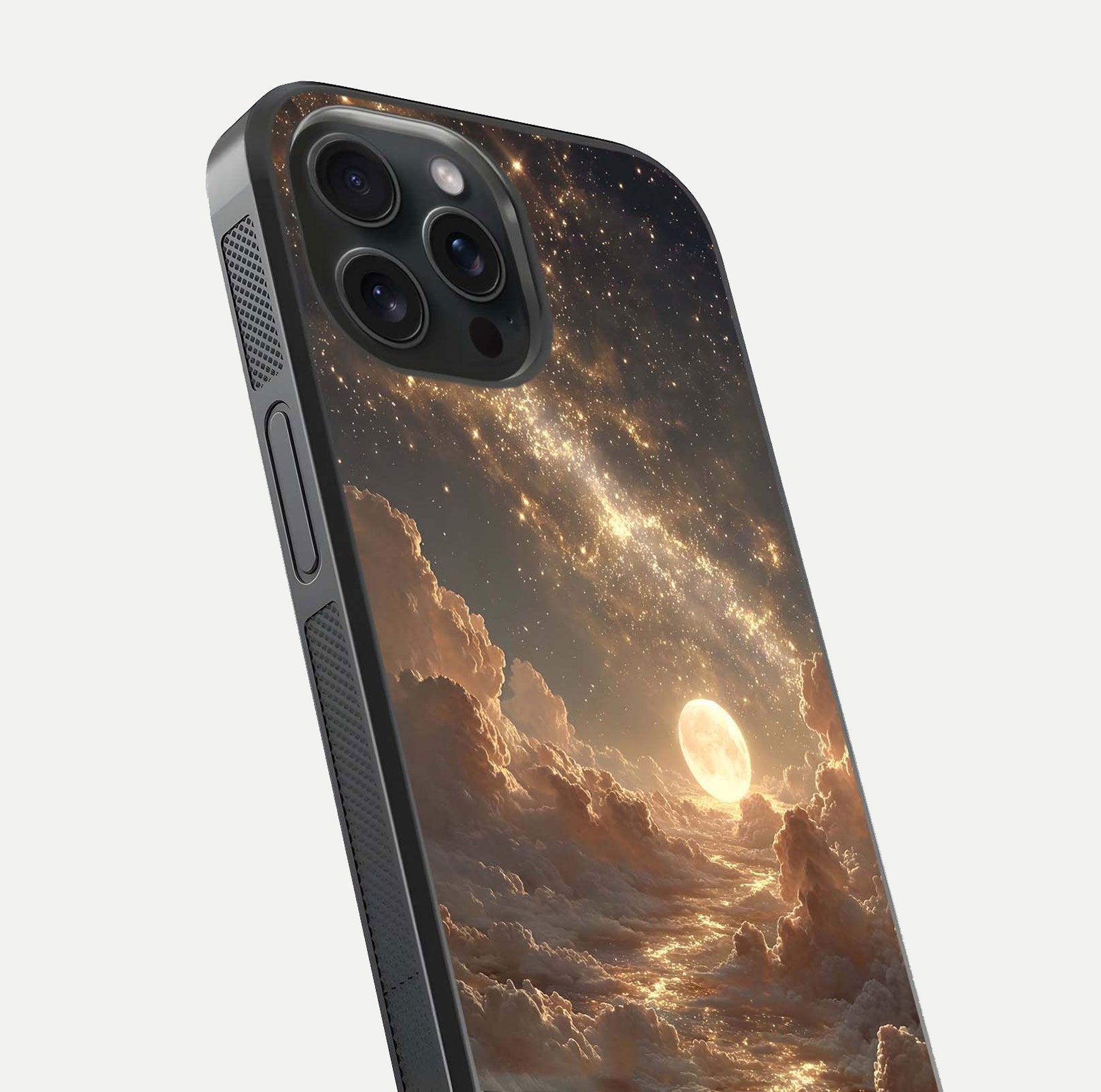 Golden Sky Dream Glass Case for iPhone 15 Pro close-up angled shot showing gradient tones and reflection polish