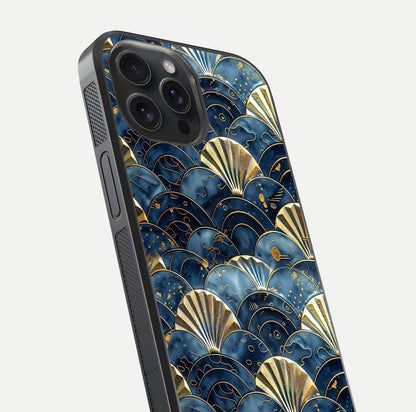 Golden Wave Luxe Glass Case for iPhone 15 Pro close-up angled shot showing flowing wave texture and reflection brightness