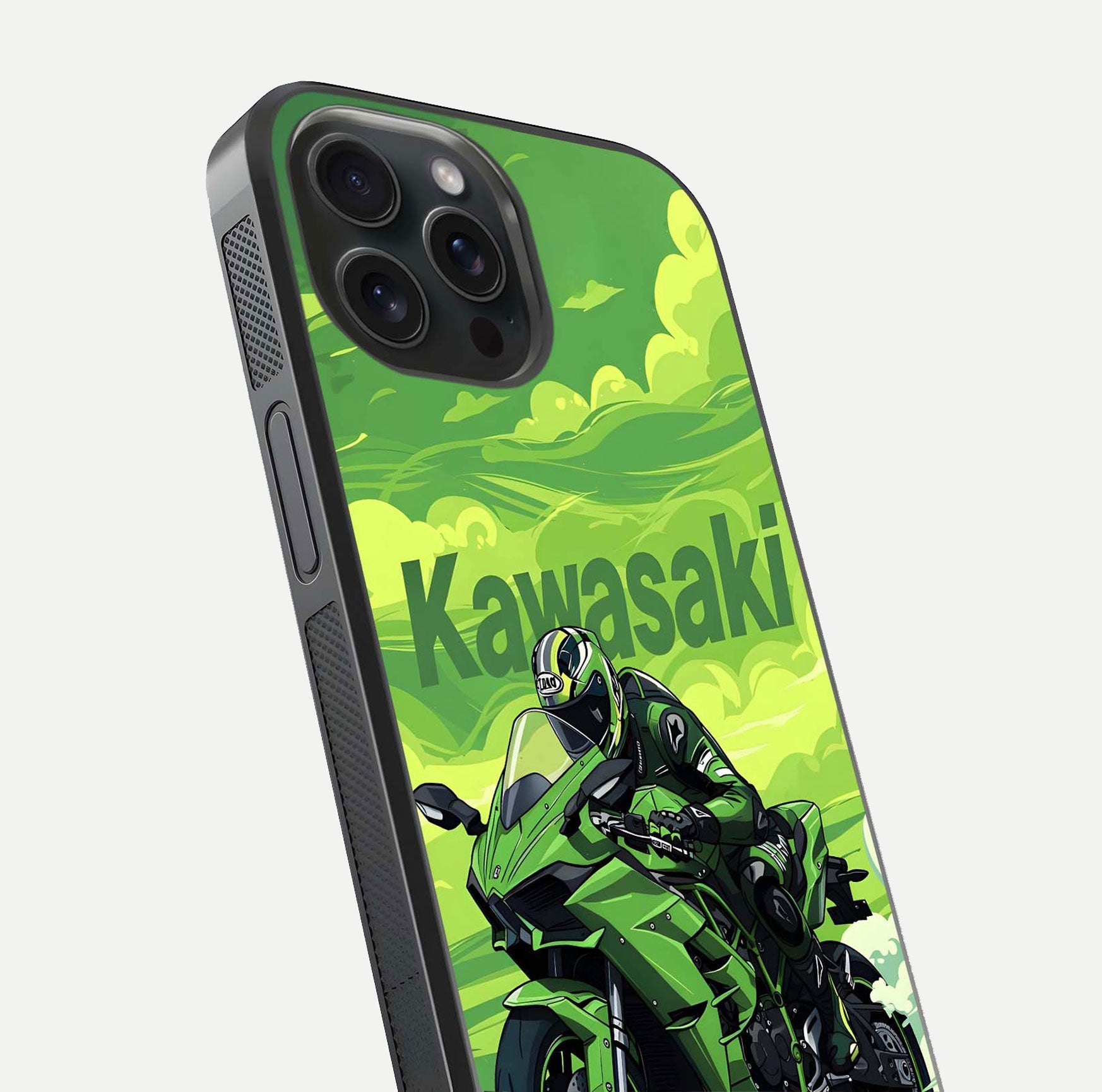 Green Kawasaki Glass Case for iPhone 15 Pro close-up angled shot showing sporty line details and reflection shine
