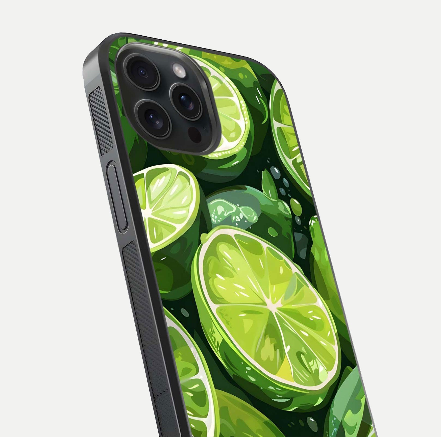 Green Lemon Glass Case for iPhone 15 Pro close-up angled shot showing lemon slice texture and reflection brightness