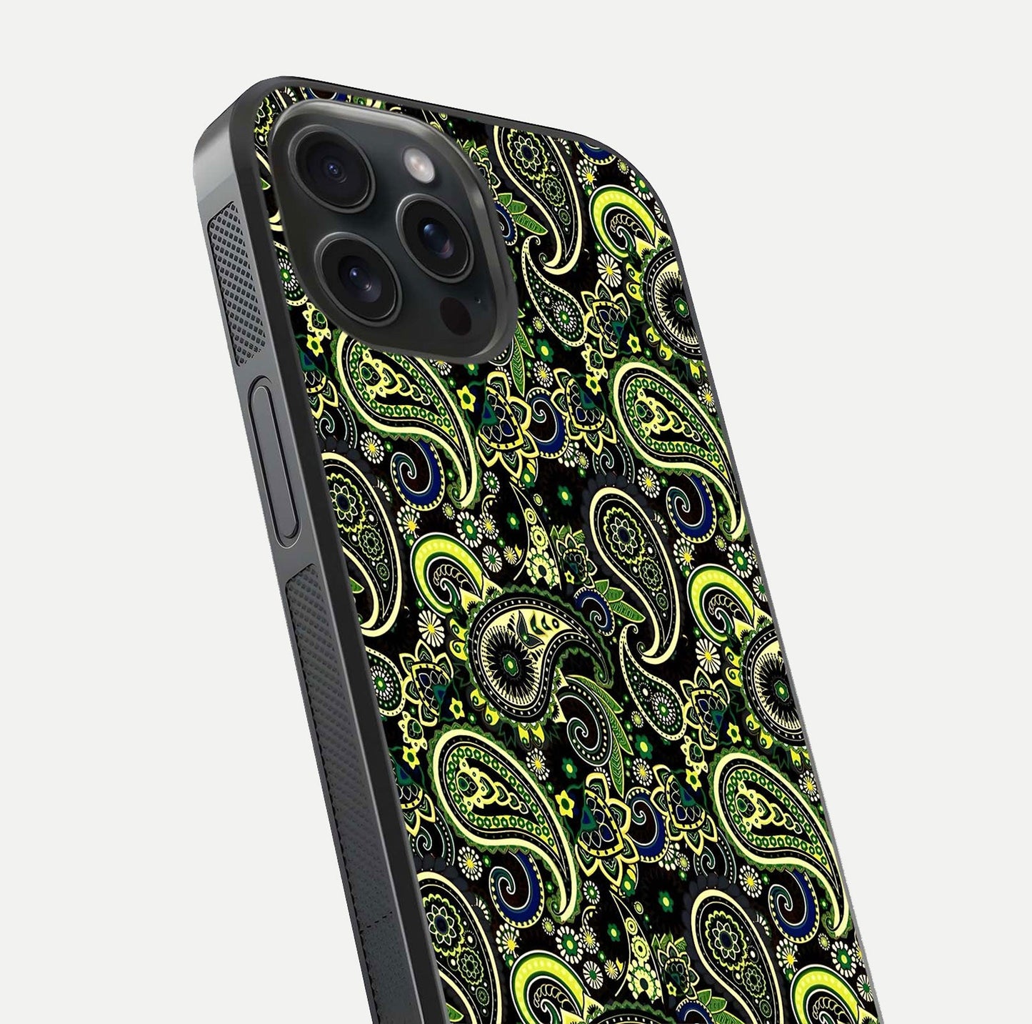 Green Mandala Pattern Glass Case for iPhone 15 Pro close-up angled shot showing fine detailing and gold-green reflection