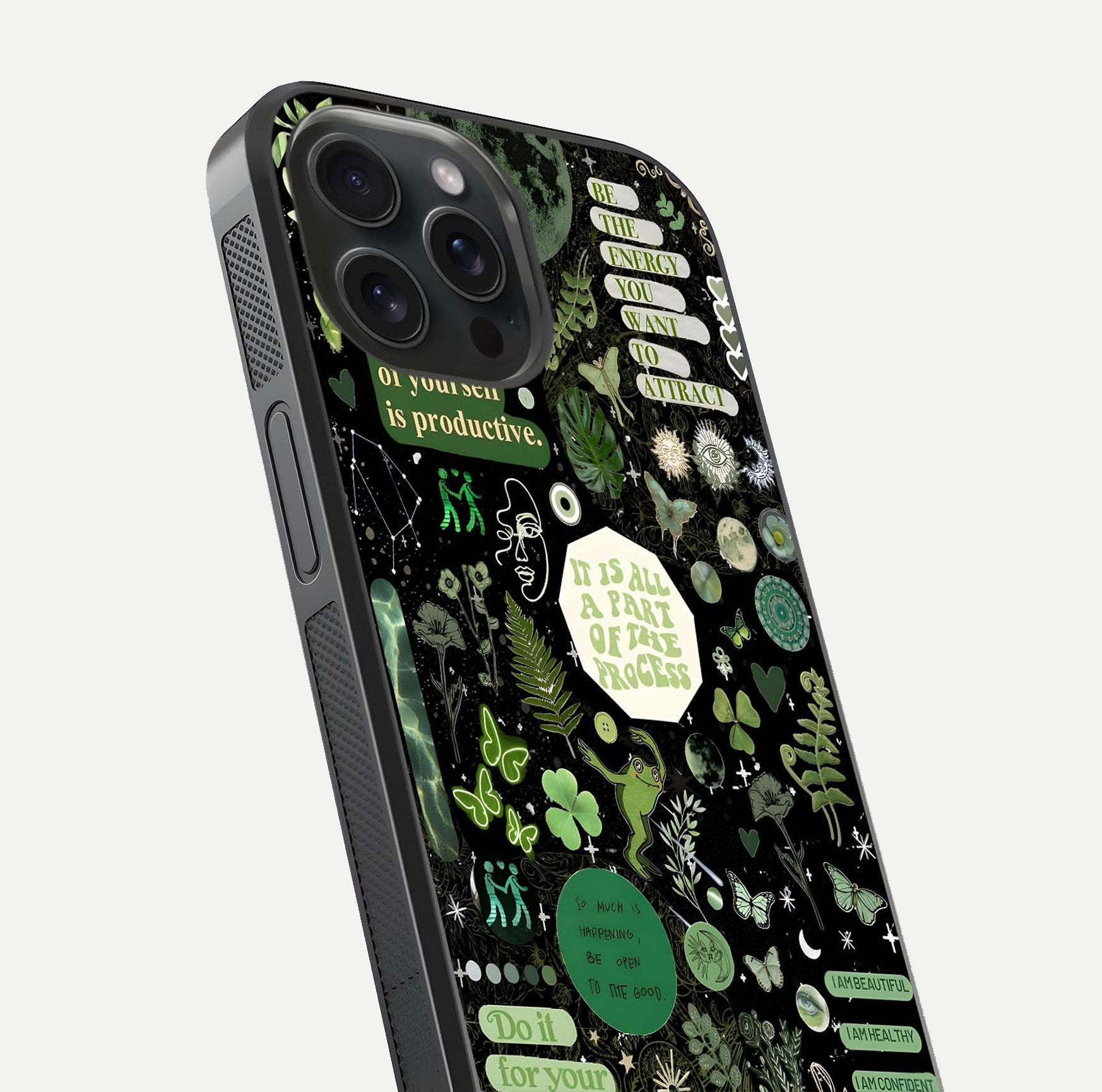 Green Moon Energy Glass Case for iPhone 15 Pro close-up angled shot showing glowing lunar detail and reflection shine