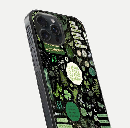 Green Moon Energy Glass Case for iPhone 15 Pro close-up angled shot showing glowing lunar detail and reflection shine