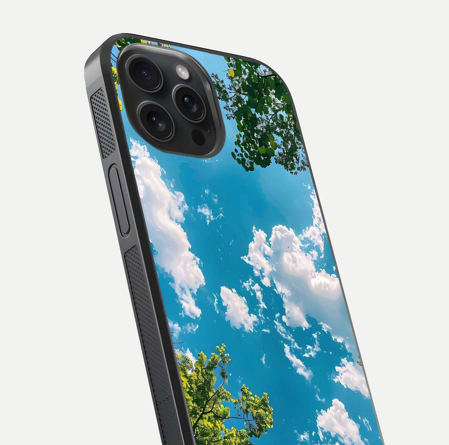 Greenery Sky Glass Case for iPhone 15 Pro close-up angled shot showing leafy tones and reflection brightness