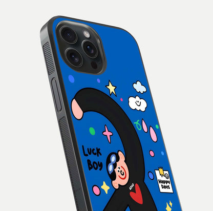 Happy Luck Vibe Glass Case for iPhone 15 Pro close-up angled shot showing color details and reflection shine