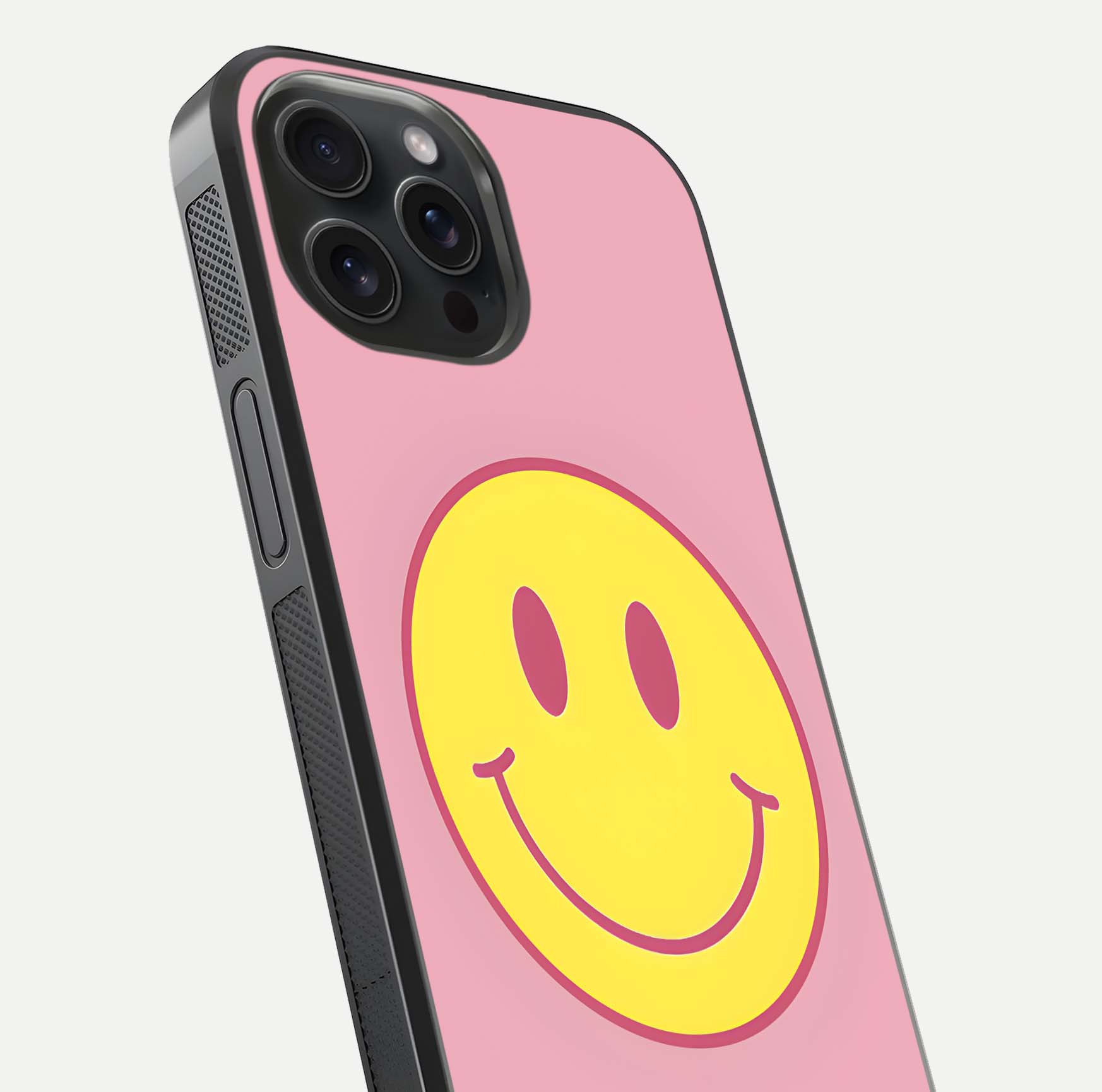 Happy Pink Mood iPhone 15 Pro glass phone case angled back view highlighting bright pink artwork and side grip texture