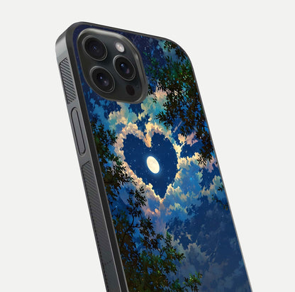 Heart with Moon Sky Glass Case for iPhone 15 Pro close-up angled shot showing lunar reflection and shine detail