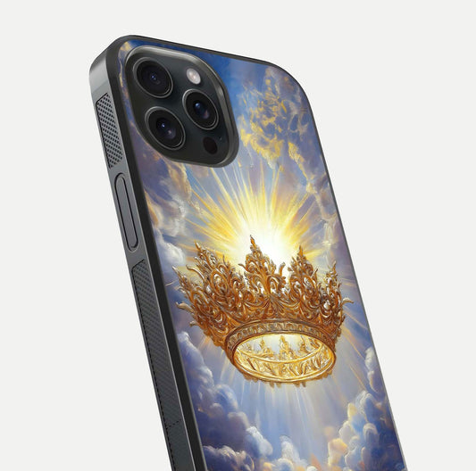 Heavenly Crown Light Glass Case for iPhone 15 Pro close-up angled shot showing glowing halo details and smooth reflection